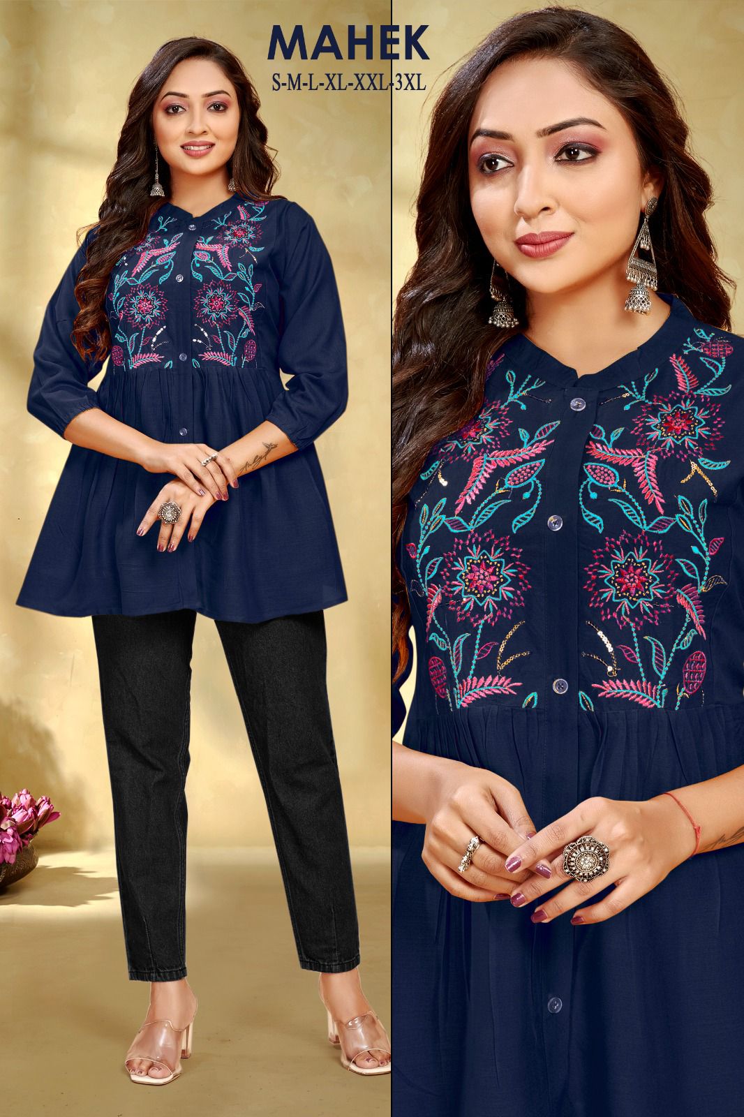 Mahek 01 Designer Rayon Embroidery Ladies Top Wholesale Market In Surat

